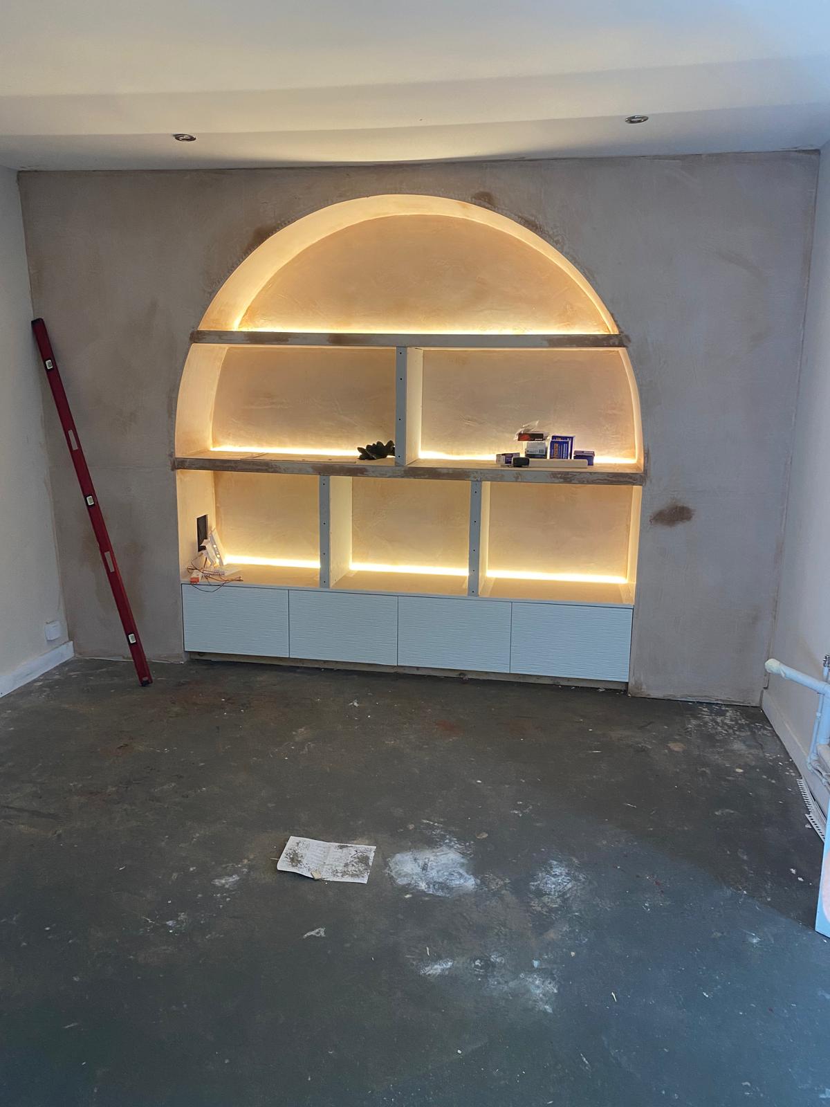 Feature arched alcove shelving with integrated LED strip lighting